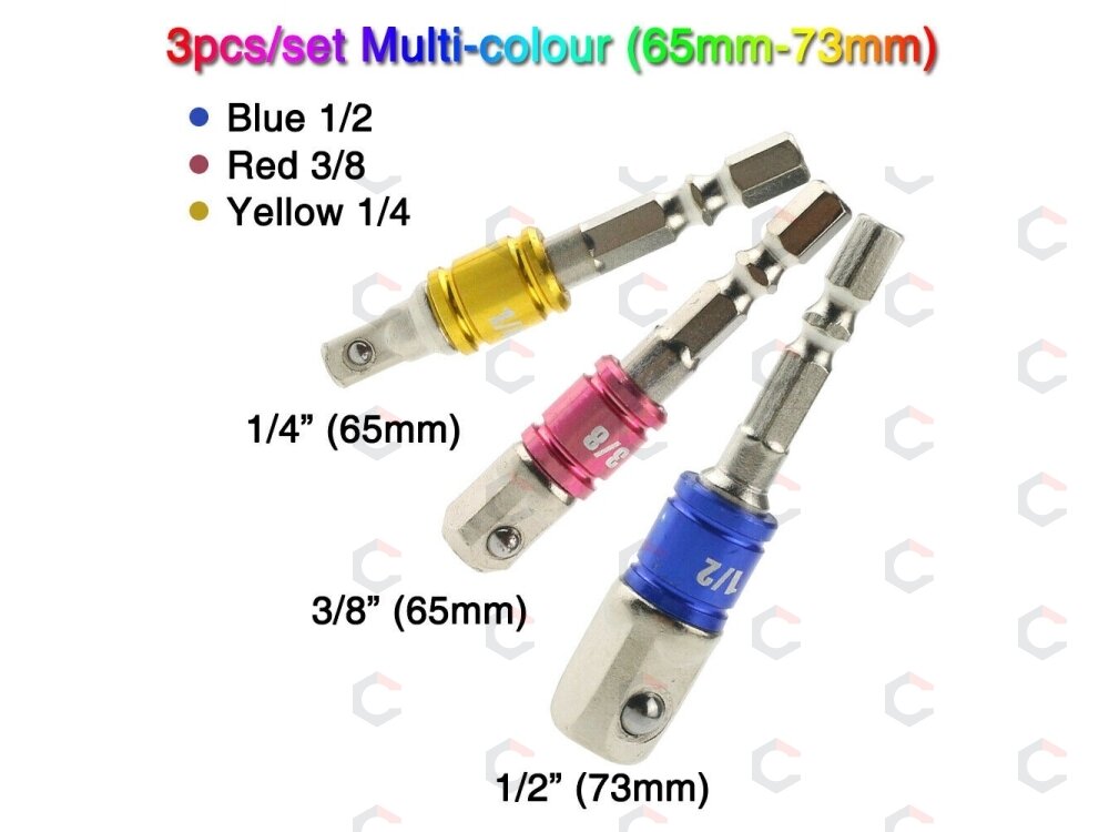 Adapterių komplektas | 6.3 mm (1/4") antgalis | 6.3 mm (1/4") / 10 mm (3/8") / 12,5 mm (1/2") | 3 vnt. (AMY-1703) 1 Adapterių komplektas | 6.3 mm (1/4") antgalis | 6.3 mm (1/4") / 10 mm (3/8") / 12,5 mm (1/2") | 3 vnt. (AMY-1703) 1