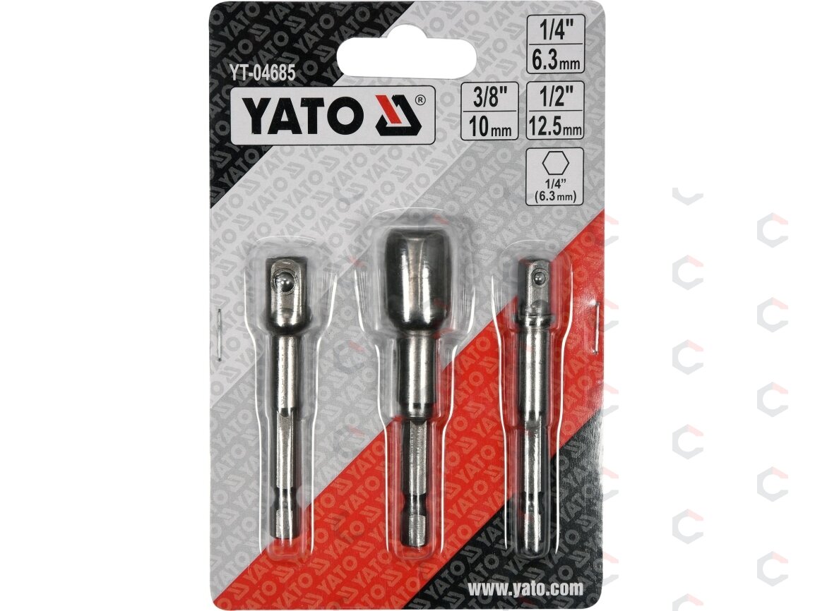 Adapterių komplektas | 6.3 mm (1/4") antgalis | 6.3 mm (1/4") / 10 mm (3/8") / 12,5 mm (1/2") | 3 vnt. (YT-04685) 2 Adapterių komplektas | 6.3 mm (1/4") antgalis | 6.3 mm (1/4") / 10 mm (3/8") / 12,5 mm (1/2") | 3 vnt. (YT-04685) 2