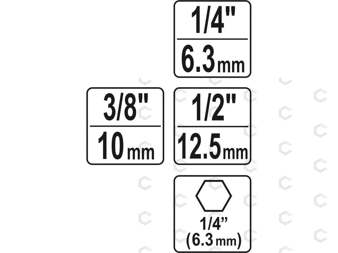 Adapterių komplektas | 6.3 mm (1/4") antgalis | 6.3 mm (1/4") / 10 mm (3/8") / 12,5 mm (1/2") | 3 vnt. (YT-04685) 4 Adapterių komplektas | 6.3 mm (1/4") antgalis | 6.3 mm (1/4") / 10 mm (3/8") / 12,5 mm (1/2") | 3 vnt. (YT-04685) 4