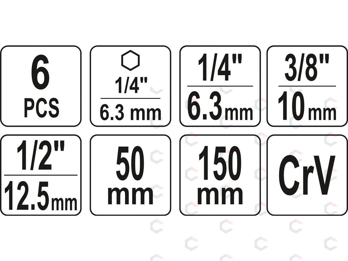 Adapterių komplektas | ilgi ir trumpi | iš 1/4"(6,3 mm) į galvutes 1/4" - 3/8" - 1/2" | 150 mm (YT-04629) 2 Adapterių komplektas | ilgi ir trumpi | iš 1/4"(6,3 mm) į galvutes 1/4" - 3/8" - 1/2" | 150 mm (YT-04629) 2