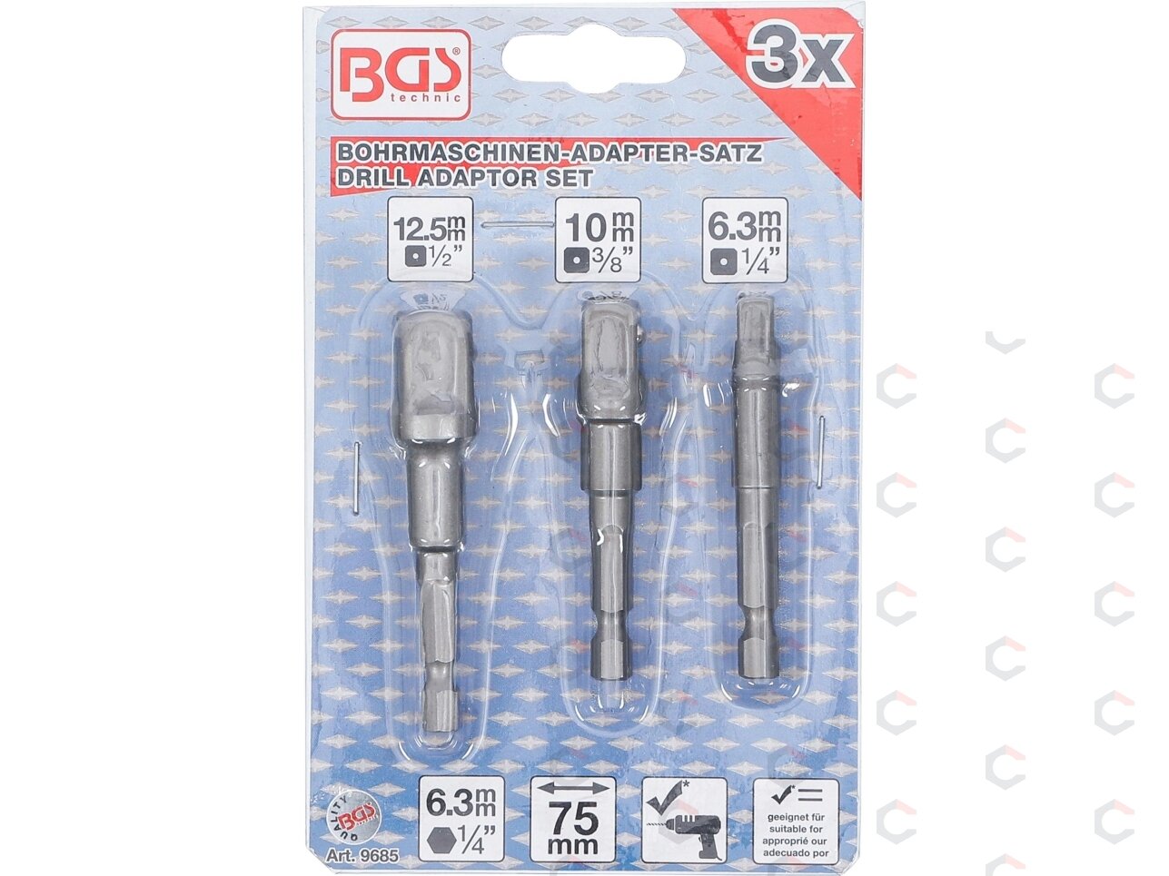 Adapterių komplektas | 6.3 mm (1/4") antgalis | 6.3 mm (1/4") / 10 mm (3/8") / 12,5 mm (1/2") | 3 vnt. (9685) 3 Adapterių komplektas | 6.3 mm (1/4") antgalis | 6.3 mm (1/4") / 10 mm (3/8") / 12,5 mm (1/2") | 3 vnt. (9685) 3
