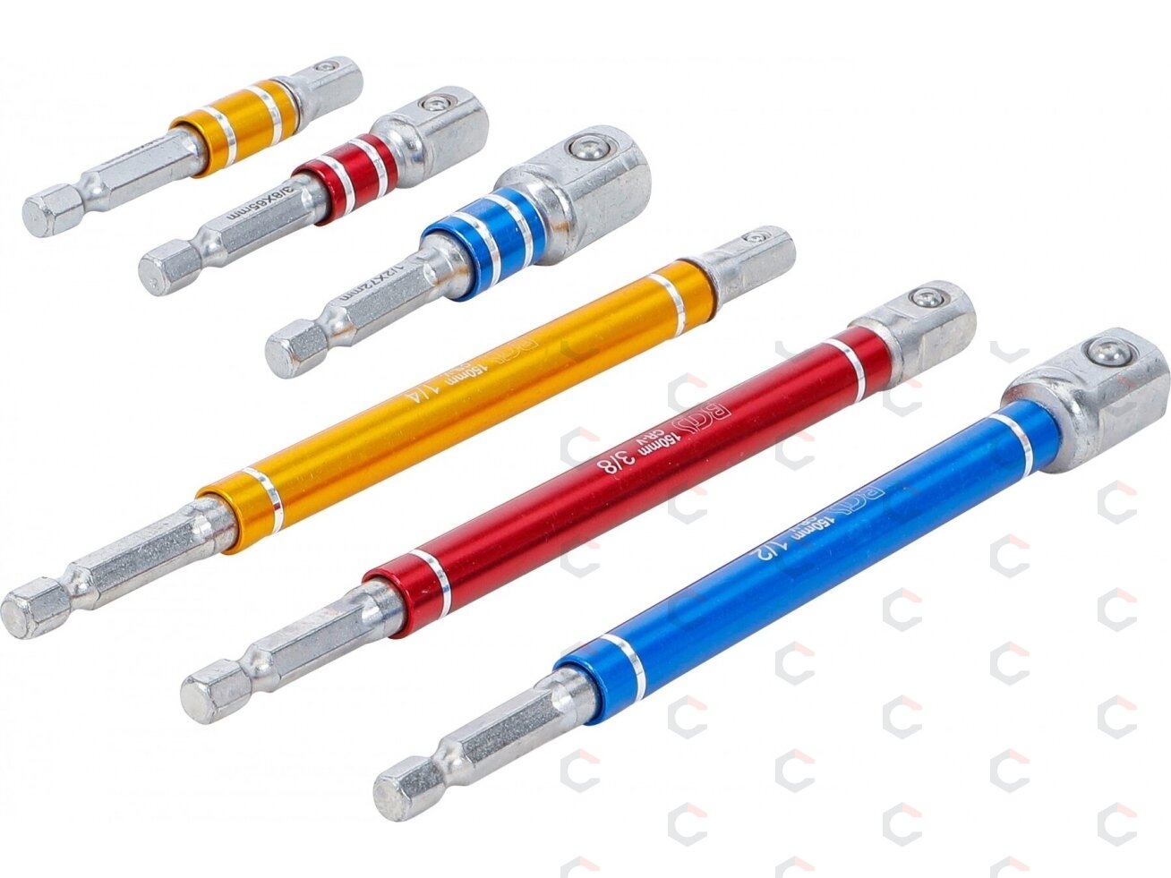 Adapterių rinkinys | spalvoti | 6.3 mm (1/4") | 6.3 mm (1/4") / 10 mm (3/8") / 12,5 mm (1/2") | 75 - 150 mm | 6 vnt. (74424) 1 Adapterių rinkinys | spalvoti | 6.3 mm (1/4") | 6.3 mm (1/4") / 10 mm (3/8") / 12,5 mm (1/2") | 75 - 150 mm | 6 vnt. (74424) 1
