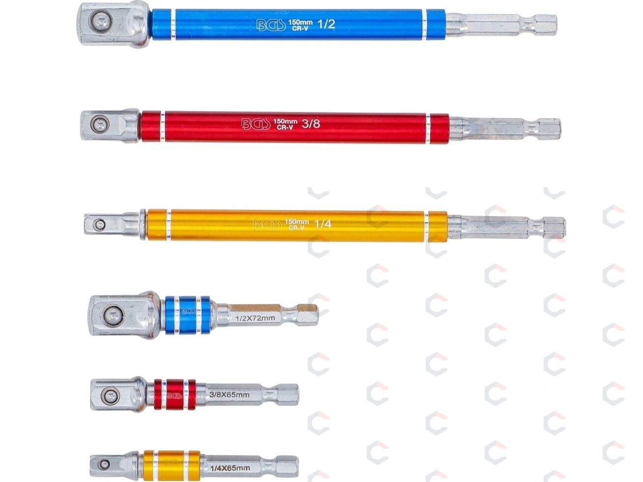 Adapterių rinkinys | spalvoti | 6.3 mm (1/4") | 6.3 mm (1/4") / 10 mm (3/8") / 12,5 mm (1/2") | 75 - 150 mm | 6 vnt. (74424) 2 Adapterių rinkinys | spalvoti | 6.3 mm (1/4") | 6.3 mm (1/4") / 10 mm (3/8") / 12,5 mm (1/2") | 75 - 150 mm | 6 vnt. (74424) 2