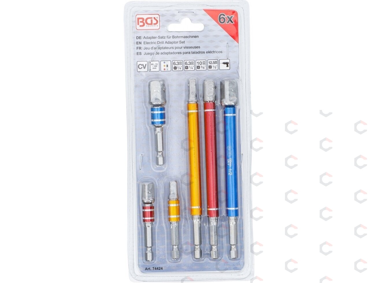 Adapterių rinkinys | spalvoti | 6.3 mm (1/4") | 6.3 mm (1/4") / 10 mm (3/8") / 12,5 mm (1/2") | 75 - 150 mm | 6 vnt. (74424) 3