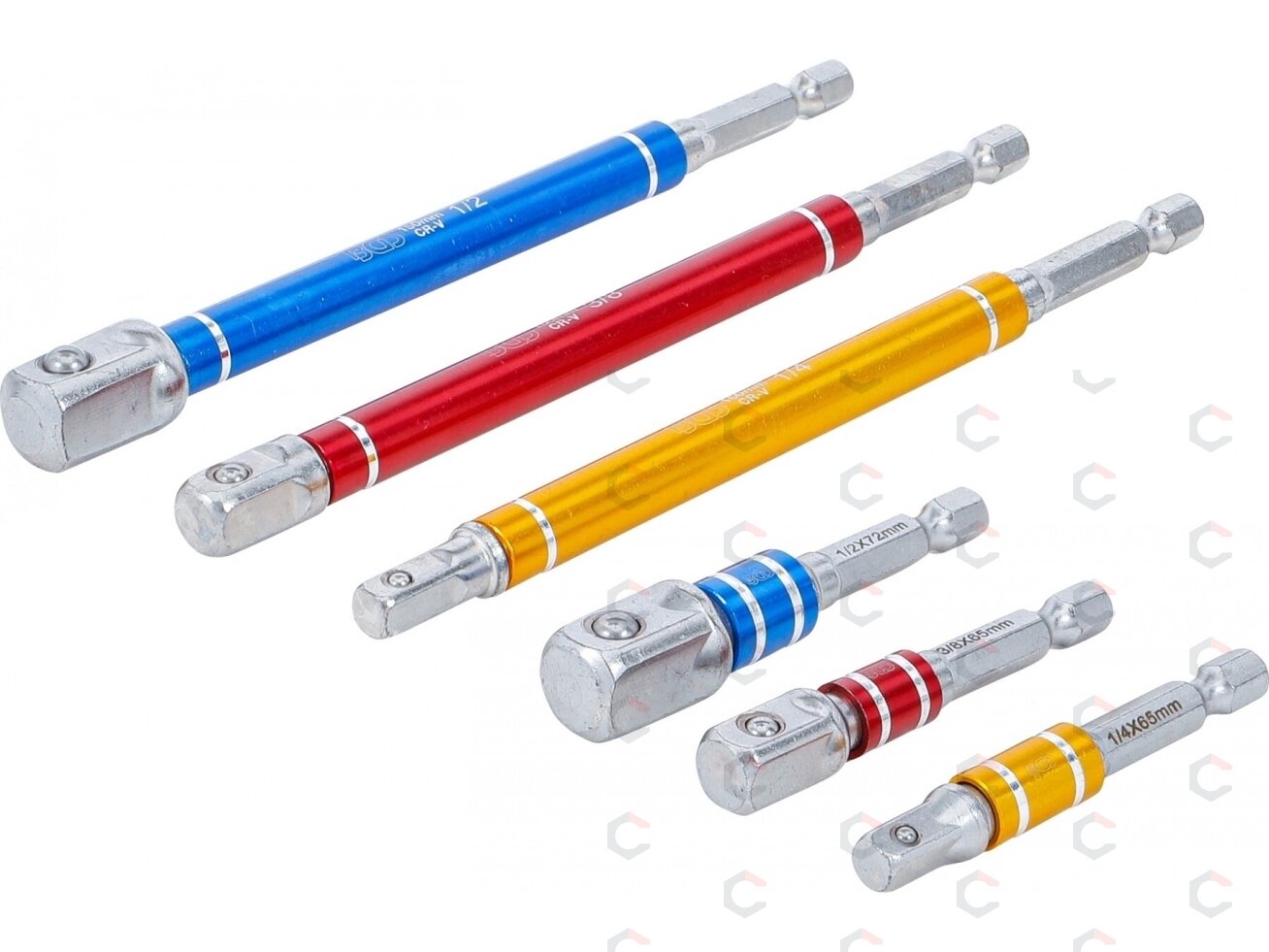 Adapterių rinkinys | spalvoti | 6.3 mm (1/4") | 6.3 mm (1/4") / 10 mm (3/8") / 12,5 mm (1/2") | 75 - 150 mm | 6 vnt. (74424) Adapterių rinkinys | spalvoti | 6.3 mm (1/4") | 6.3 mm (1/4") / 10 mm (3/8") / 12,5 mm (1/2") | 75 - 150 mm | 6 vnt. (74424)