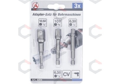 Adapterių komplektas | 6.3 mm (1/4") antgalis | 6.3 mm (1/4") / 10 mm (3/8") / 12,5 mm (1/2") | 3 vnt. (8204) Adapterių komplektas | 6.3 mm (1/4") antgalis | 6.3 mm (1/4") / 10 mm (3/8") / 12,5 mm (1/2") | 3 vnt. (8204)