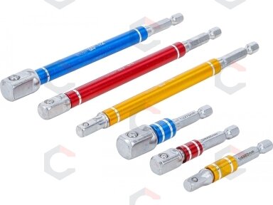 Adapterių rinkinys | spalvoti | 6.3 mm (1/4") | 6.3 mm (1/4") / 10 mm (3/8") / 12,5 mm (1/2") | 75 - 150 mm | 6 vnt. (74424) Adapterių rinkinys | spalvoti | 6.3 mm (1/4") | 6.3 mm (1/4") / 10 mm (3/8") / 12,5 mm (1/2") | 75 - 150 mm | 6 vnt. (74424)
