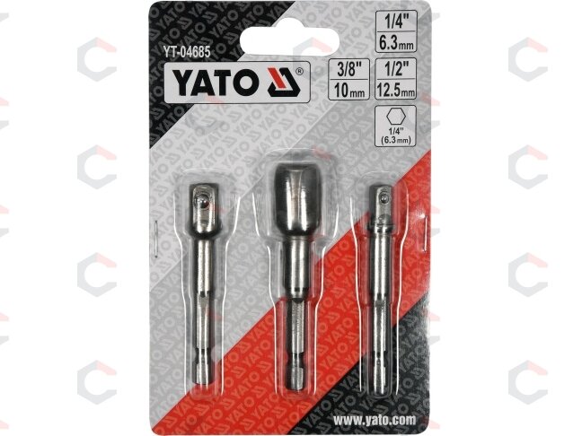Adapterių komplektas | 6.3 mm (1/4") antgalis | 6.3 mm (1/4") / 10 mm (3/8") / 12,5 mm (1/2") | 3 vnt. (YT-04685) 2 Adapterių komplektas | 6.3 mm (1/4") antgalis | 6.3 mm (1/4") / 10 mm (3/8") / 12,5 mm (1/2") | 3 vnt. (YT-04685) 2