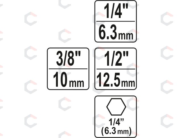 Adapterių komplektas | 6.3 mm (1/4") antgalis | 6.3 mm (1/4") / 10 mm (3/8") / 12,5 mm (1/2") | 3 vnt. (YT-04685) 4 Adapterių komplektas | 6.3 mm (1/4") antgalis | 6.3 mm (1/4") / 10 mm (3/8") / 12,5 mm (1/2") | 3 vnt. (YT-04685) 4