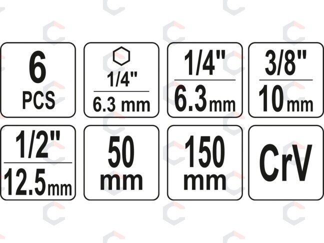 Adapterių komplektas | ilgi ir trumpi | iš 1/4"(6,3 mm) į galvutes 1/4" - 3/8" - 1/2" | 150 mm (YT-04629) 2