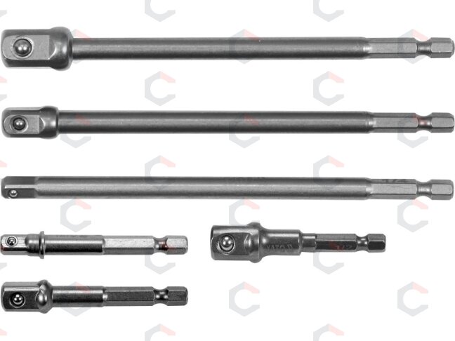 Adapterių komplektas | ilgi ir trumpi | iš 1/4"(6,3 mm) į galvutes 1/4" - 3/8" - 1/2" | 150 mm (YT-04629)