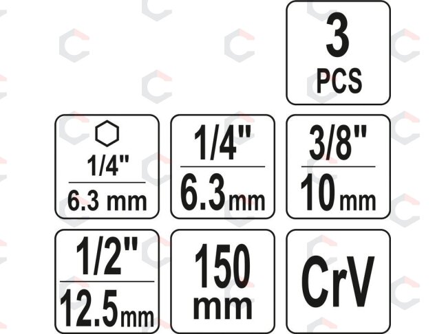 Adapterių komplektas | ilgi | iš 1/4"(6,3 mm) į galvutes 1/4" - 3/8" - 1/2" | 150 mm (YT-04628) 3 Adapterių komplektas | ilgi | iš 1/4"(6,3 mm) į galvutes 1/4" - 3/8" - 1/2" | 150 mm (YT-04628) 3