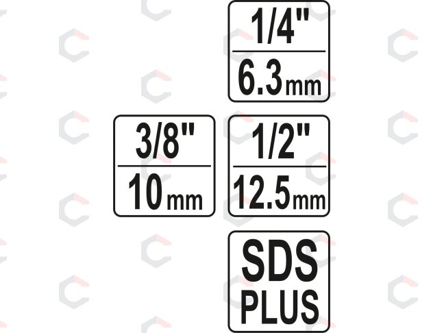 Adapterių rinkinys | SDS - išoriniai kvadratai 6,3 mm (1/4"), 10 mm (3/8"), 12,5 mm (1/2") | 3 vnt. (YT-04686) 4 Adapterių rinkinys | SDS - išoriniai kvadratai 6,3 mm (1/4"), 10 mm (3/8"), 12,5 mm (1/2") | 3 vnt. (YT-04686) 4