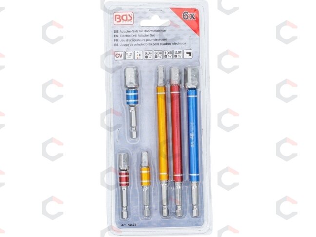 Adapterių rinkinys | spalvoti | 6.3 mm (1/4") | 6.3 mm (1/4") / 10 mm (3/8") / 12,5 mm (1/2") | 75 - 150 mm | 6 vnt. (74424) 3 Adapterių rinkinys | spalvoti | 6.3 mm (1/4") | 6.3 mm (1/4") / 10 mm (3/8") / 12,5 mm (1/2") | 75 - 150 mm | 6 vnt. (74424) 3