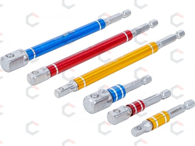 Adapterių rinkinys | spalvoti | 6.3 mm (1/4") | 6.3 mm (1/4") / 10 mm (3/8") / 12,5 mm (1/2") | 75 - 150 mm | 6 vnt. (74424) Adapterių rinkinys | spalvoti | 6.3 mm (1/4") | 6.3 mm (1/4") / 10 mm (3/8") / 12,5 mm (1/2") | 75 - 150 mm | 6 vnt. (74424)