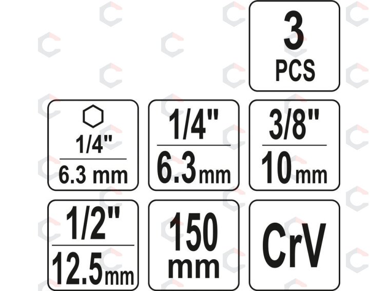 Adapterių komplektas | ilgi | iš 1/4"(6,3 mm) į galvutes 1/4" - 3/8" - 1/2" | 150 mm (YT-04628) 3 Adapterių komplektas | ilgi | iš 1/4"(6,3 mm) į galvutes 1/4" - 3/8" - 1/2" | 150 mm (YT-04628) 3