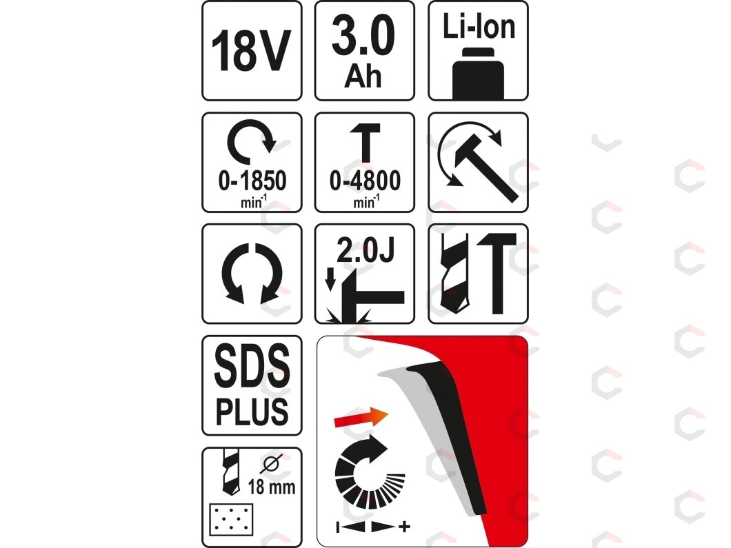 Akumuliatorinis perforatorius | 18V SDS-PLUS 3,0AH (YT-82770) 5