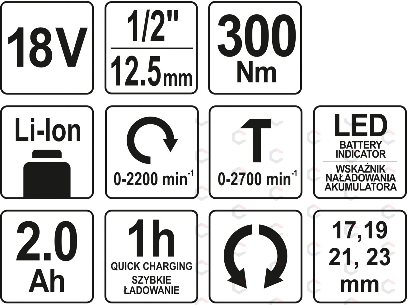Akumuliatorinis smūginis veržliaraktis | 12,5 mm (1/2") | 18V | 300 Nm 2,0AH (YT-82804) 8 Akumuliatorinis smūginis veržliaraktis | 12,5 mm (1/2") | 18V | 300 Nm 2,0AH (YT-82804) 8