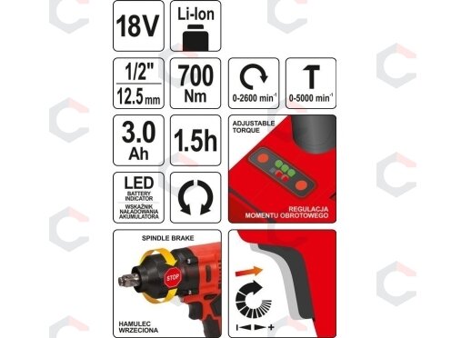 Akumuliatorinis smūginis veržliasūkis | bešepetėlinis | Li-ion | 3,00 mAh | 700Nm | 18V (YT-82806) 7
