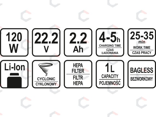 Akumuliatorinis dulkių siurblys | rankinis | cikloninis | 120W, 22,2V 2200MAH LI-ION (67120) 12 Akumuliatorinis dulkių siurblys | rankinis | cikloninis | 120W, 22,2V 2200MAH LI-ION (67120) 12