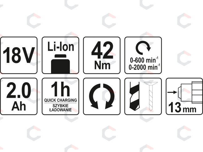 Akumuliatorinis gręžtuvas / suktukas bešepetėlinis, LI- ION 18V 2,0AH (YT-82794) 6