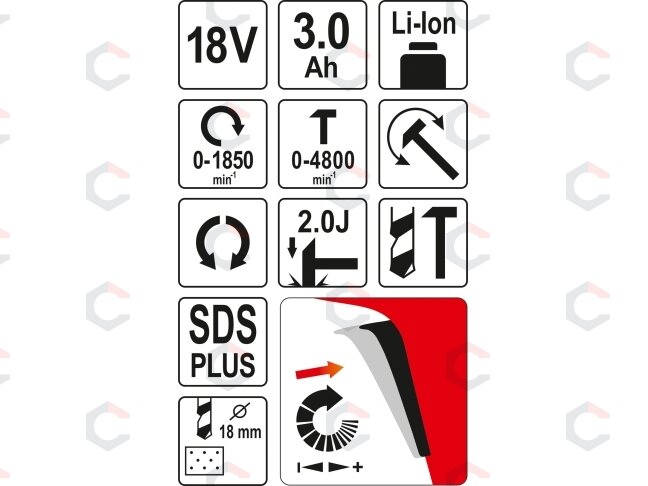 Akumuliatorinis perforatorius | 18V SDS-PLUS 3,0AH (YT-82770) 5