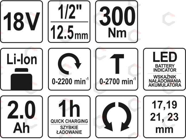 Akumuliatorinis smūginis veržliaraktis | 12,5 mm (1/2") | 18V | 300 Nm 2,0AH (YT-82804) 8 Akumuliatorinis smūginis veržliaraktis | 12,5 mm (1/2") | 18V | 300 Nm 2,0AH (YT-82804) 8