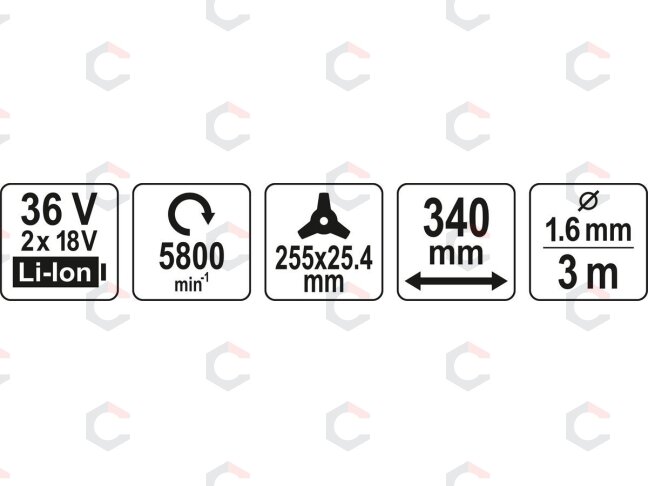 Akumuliatorinis trimeris/žoliapjovė – bešepetėlinė, be akumuliatoriaus – 36 V (2×18 V) (YT-85010) 7