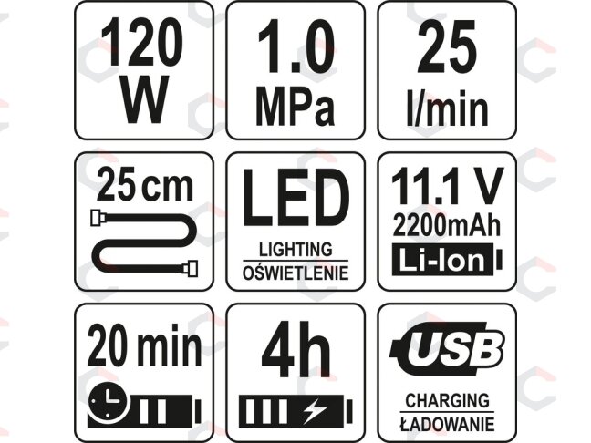 Akumuliatorinis kompresorius | 120W | LED | 150PSI | 25 L/MIN | LI-ION 11,1V 6000MAH | USB (YT-82950) 3 Akumuliatorinis kompresorius | 120W | LED | 150PSI | 25 L/MIN | LI-ION 11,1V 6000MAH | USB (YT-82950) 3