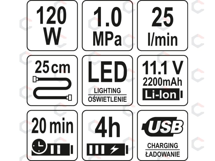 Akumuliatorinis kompresorius | 120W | LED | 150PSI | 25 L/MIN | LI-ION 11,1V 6000MAH | USB (YT-82950) 3 Akumuliatorinis kompresorius | 120W | LED | 150PSI | 25 L/MIN | LI-ION 11,1V 6000MAH | USB (YT-82950) 3