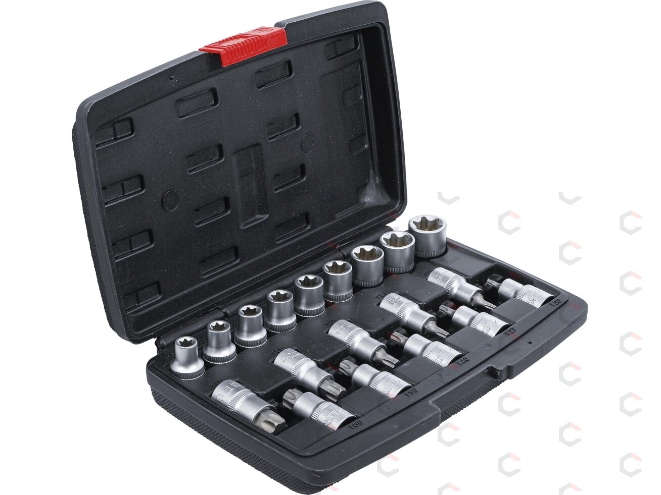 Antgalių / galvučių rinkinys | 12,5 mm (1/2") | T-Star (Torx ) / E-Type | 19 vnt. (95100) 1 Antgalių / galvučių rinkinys | 12,5 mm (1/2") | T-Star (Torx ) / E-Type | 19 vnt. (95100) 1
