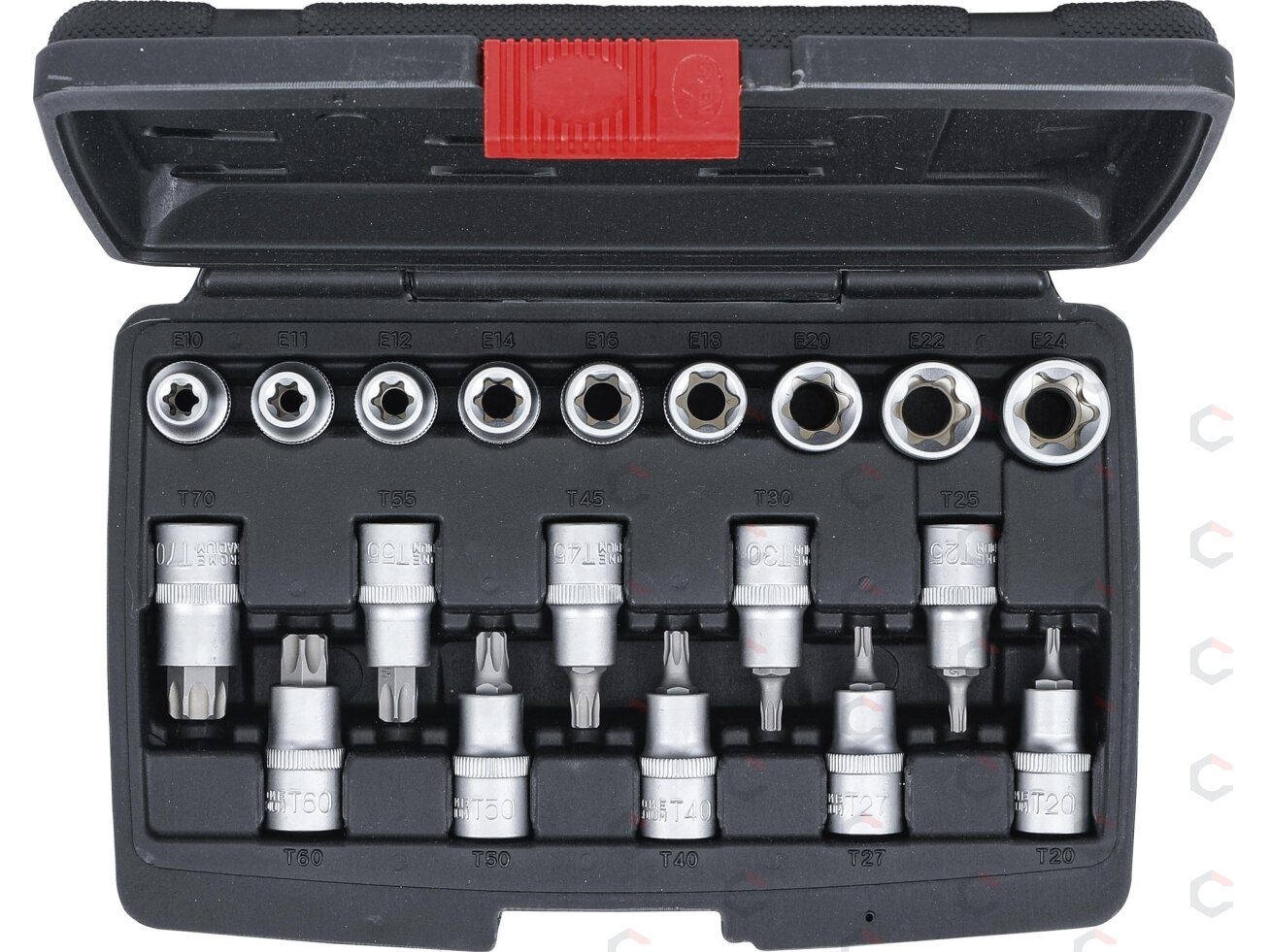 Antgalių / galvučių rinkinys | 12,5 mm (1/2") | T-Star (Torx ) / E-Type | 19 vnt. (95100) 3 Antgalių / galvučių rinkinys | 12,5 mm (1/2") | T-Star (Torx ) / E-Type | 19 vnt. (95100) 3