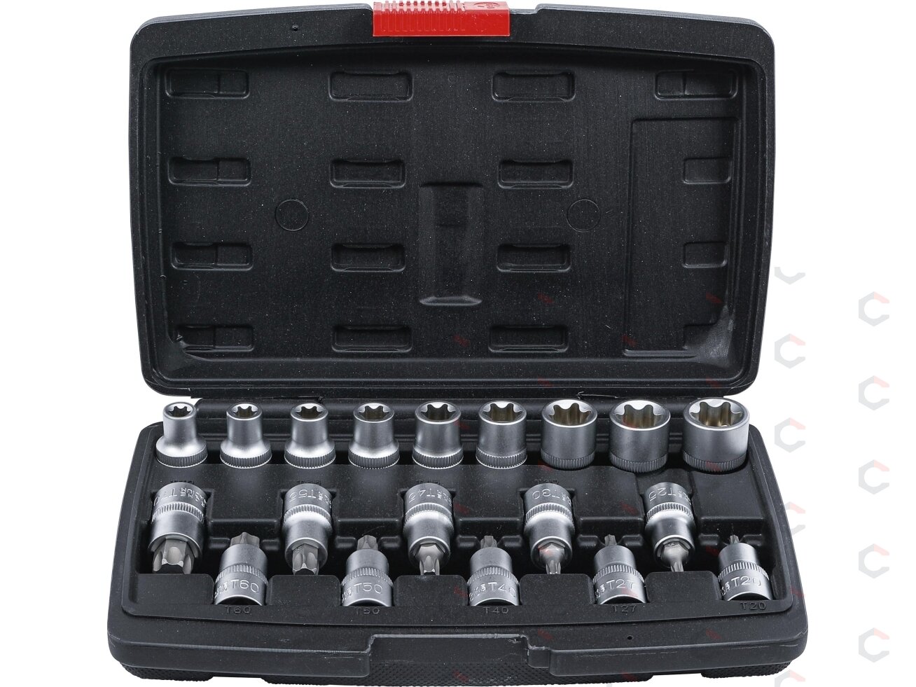 Antgalių / galvučių rinkinys | 12,5 mm (1/2") | T-Star (Torx ) / E-Type | 19 vnt. (95100) Antgalių / galvučių rinkinys | 12,5 mm (1/2") | T-Star (Torx ) / E-Type | 19 vnt. (95100)