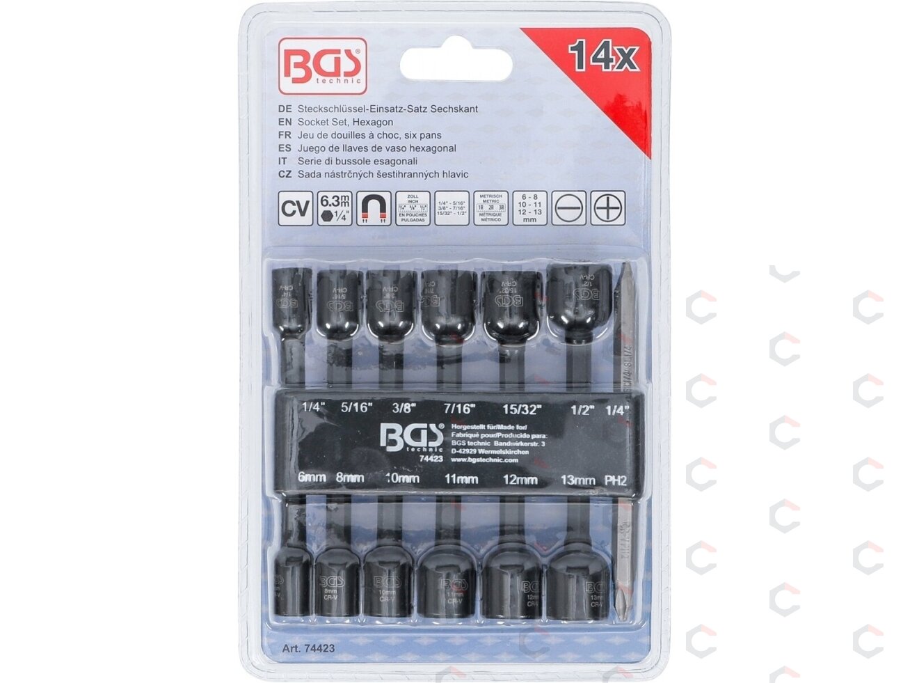 Antgalių / galvučių rinkinys | 6,3 mm (1/4") | 1/4" - 1/2", 6 - 13 mm | 14 vnt. (74423) 2 Antgalių / galvučių rinkinys | 6,3 mm (1/4") | 1/4" - 1/2", 6 - 13 mm | 14 vnt. (74423) 2
