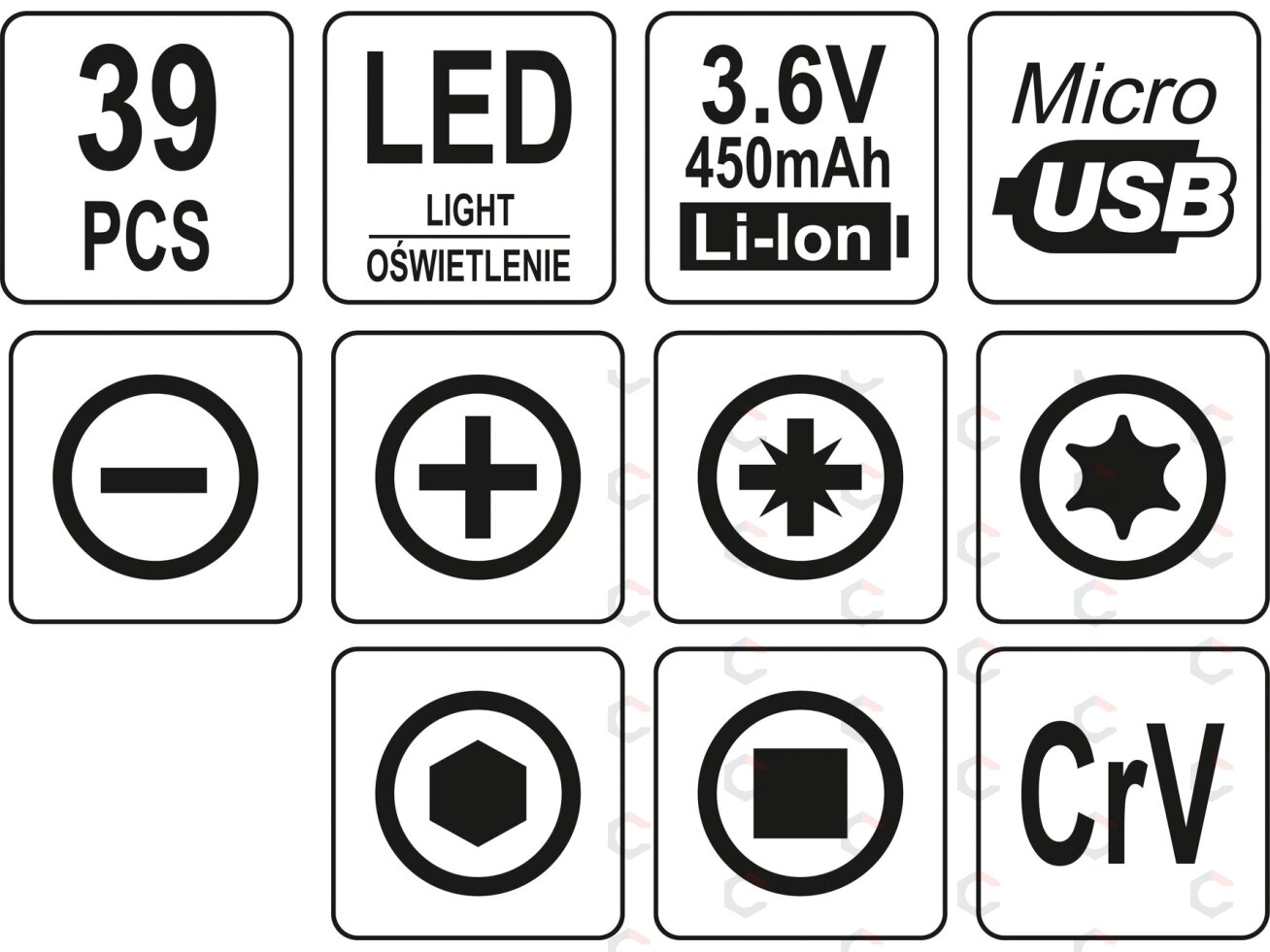 Antgalių rinkinys | su akumuliatoriniu atsuktuvu | Lithium-ion / 3,6V | 39 vnt. (YT-27930) 6 Antgalių rinkinys | su akumuliatoriniu atsuktuvu | Lithium-ion / 3,6V | 39 vnt. (YT-27930) 6