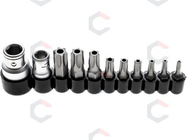 Antgalių komplektas | 10 mm (1/4") / 10 mm (3/8") | T-Star su skylutėmis (Torx) | 11 vnt. (786) Antgalių komplektas | 10 mm (1/4") / 10 mm (3/8") | T-Star su skylutėmis (Torx) | 11 vnt. (786)