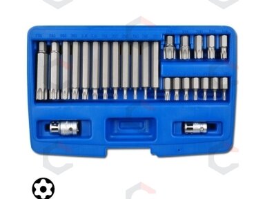 Antgalių komplektas | su skylutėmis | 10 mm (3/8") | T-Star (Torx) | 26 vnt. (5022) Antgalių komplektas | su skylutėmis | 10 mm (3/8") | T-Star (Torx) | 26 vnt. (5022)