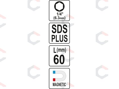 Antgalių laikiklis SDS | vidinis šešiakampis 6,3 mm (1/4") | 60 mm (YT-04690) 4 Antgalių laikiklis SDS | vidinis šešiakampis 6,3 mm (1/4") | 60 mm (YT-04690) 4
