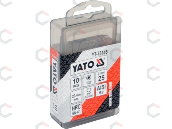 Antgalių rinkinys | 6.3 mm (1/4") | T-star (Torx) T27 | S2 | 10 vnt. (YT-78145) 1 Antgalių rinkinys | 6.3 mm (1/4") | T-star (Torx) T27 | S2 | 10 vnt. (YT-78145) 1