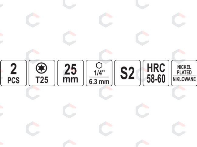 Antgaliai | 6,3 mm (1/4") | S2 Ni | T-Star (Torx) T25 | 2 vnt. (YT-78014) 3 Antgaliai | 6,3 mm (1/4") | S2 Ni | T-Star (Torx) T25 | 2 vnt. (YT-78014) 3