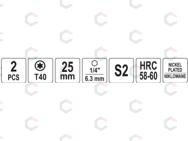 Antgaliai | 6,3 mm (1/4") | S2 Ni | T-Star (Torx) T40 | 2 vnt. (YT-78016) 3 Antgaliai | 6,3 mm (1/4") | S2 Ni | T-Star (Torx) T40 | 2 vnt. (YT-78016) 3