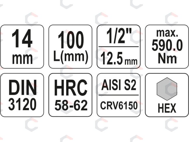Antgalis įpresuotas į galvutę 1/2" hex 14 mm X 100 mm (YT-04397) 3 Antgalis įpresuotas į galvutę 1/2" hex 14 mm X 100 mm (YT-04397) 3