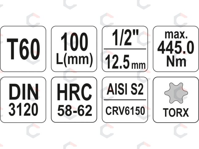 Antgalis įpresuotas į galvutę 1/2", S2, 100 mm, T60 (YT-04328) 3 Antgalis įpresuotas į galvutę 1/2", S2, 100 mm, T60 (YT-04328) 3