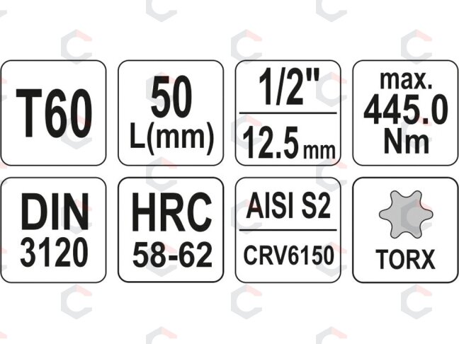 Antgalis įpresuotas į galvutę 1/2", T60 x 55 mm (YT-04318) 3 Antgalis įpresuotas į galvutę 1/2", T60 x 55 mm (YT-04318) 3