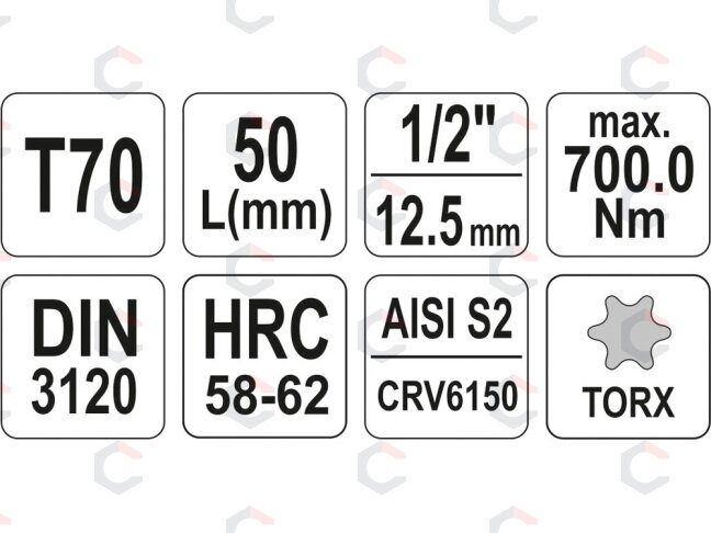 Antgalis įpresuotas į galvutę 1/2", T70 x 55 mm (YT-04319) 3 Antgalis įpresuotas į galvutę 1/2", T70 x 55 mm (YT-04319) 3