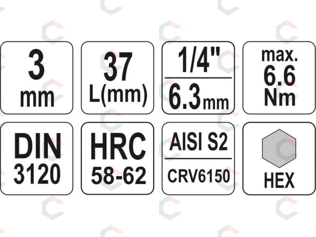 Antgalis įpresuotas į galvutę | 6,3 mm (1/4") | hex šešiakampis 3 mm (YT-04370) 2 Antgalis įpresuotas į galvutę | 6,3 mm (1/4") | hex šešiakampis 3 mm (YT-04370) 2