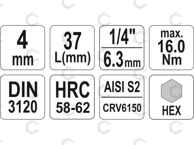 Antgalis įpresuotas į galvutę | 6,3 mm (1/4") | hex šešiakampis 4 mm (YT-04371) 3 Antgalis įpresuotas į galvutę | 6,3 mm (1/4") | hex šešiakampis 4 mm (YT-04371) 3