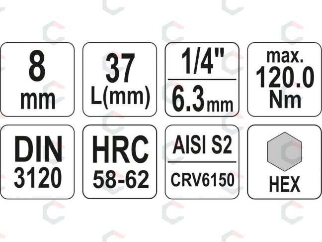 Antgalis įpresuotas į galvutę | 6,3 mm (1/4") | hex šešiakampis 8 mm (YT-04375) 3 Antgalis įpresuotas į galvutę | 6,3 mm (1/4") | hex šešiakampis 8 mm (YT-04375) 3