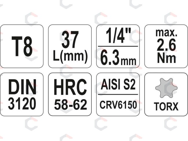 Antgalis įpresuotas į galvutę | 6.3 mm (1/4") | T-Star (Torx) T8 (YT-04301) 3 Antgalis įpresuotas į galvutę | 6.3 mm (1/4") | T-Star (Torx) T8 (YT-04301) 3