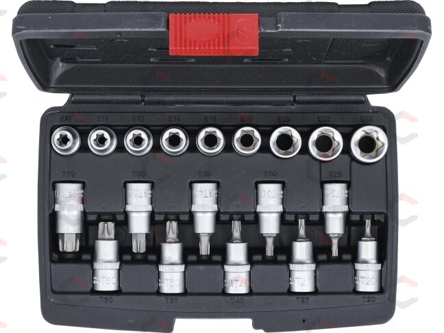 Antgalių / galvučių rinkinys | 12,5 mm (1/2") | T-Star (Torx ) / E-Type | 19 vnt. (95100) 3 Antgalių / galvučių rinkinys | 12,5 mm (1/2") | T-Star (Torx ) / E-Type | 19 vnt. (95100) 3